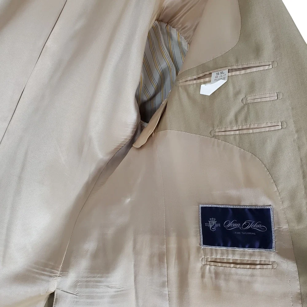 Sean John 43R 37R Gold Beige Silk Wool Two-Piece Suit Blazer Pants Career Formal